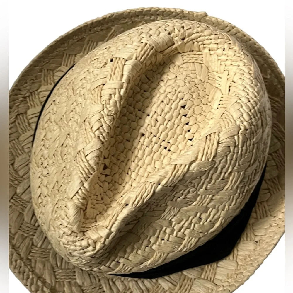 ALDO Paper Straw Fedora Hat Large Black Ribbon Lightweight Summer Sun Hat